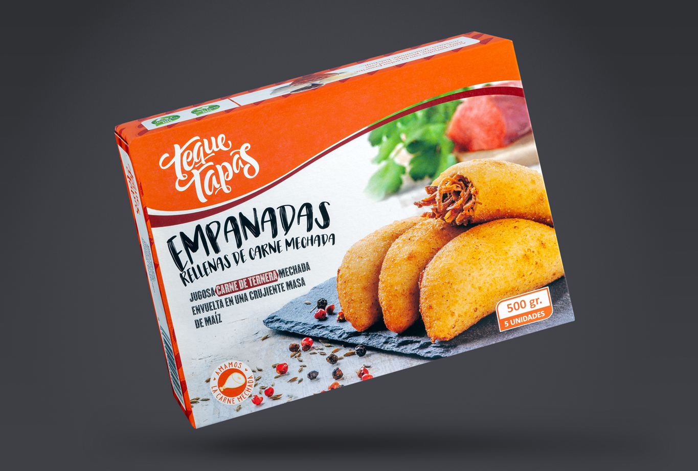 Diseño de branding, comunicación y packaging para la marca de alimentos latinos Teque Tapas Packaging empanadas