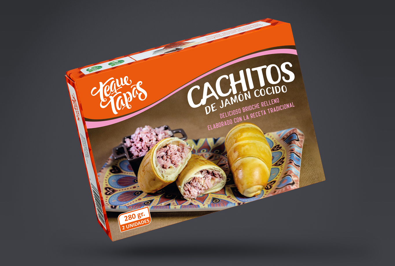 Diseño de branding, comunicación y packaging para la marca de alimentos latinos Teque Tapas Packaging Cachitos de jamón