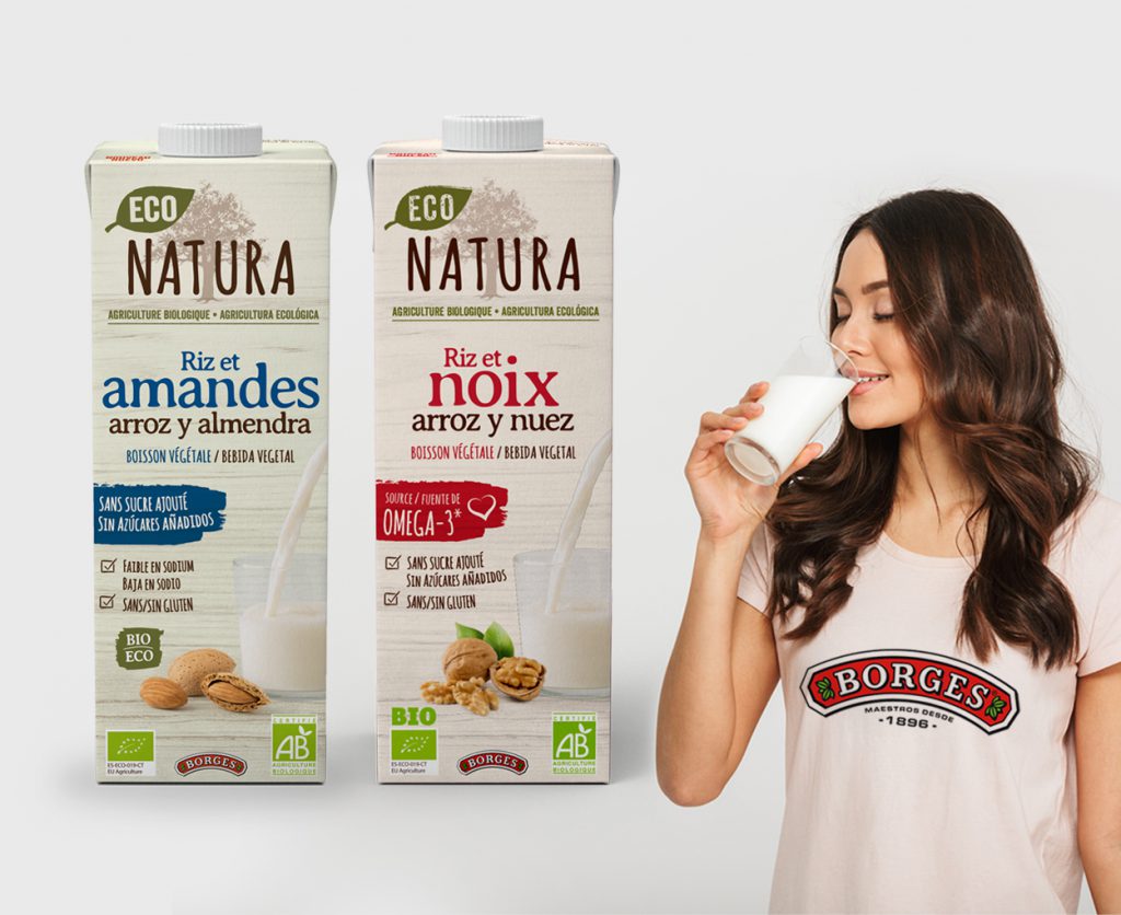 Packaging para la marca de bebidas vegetales a base de frutos secos Eco Natura de Borges