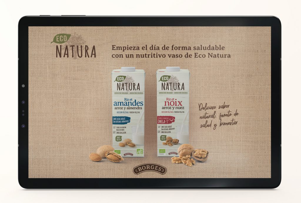 estudio de diseño de packaging alimentario para  la marca de bebidas vegetales a base de frutos secos Eco Natura de Borges