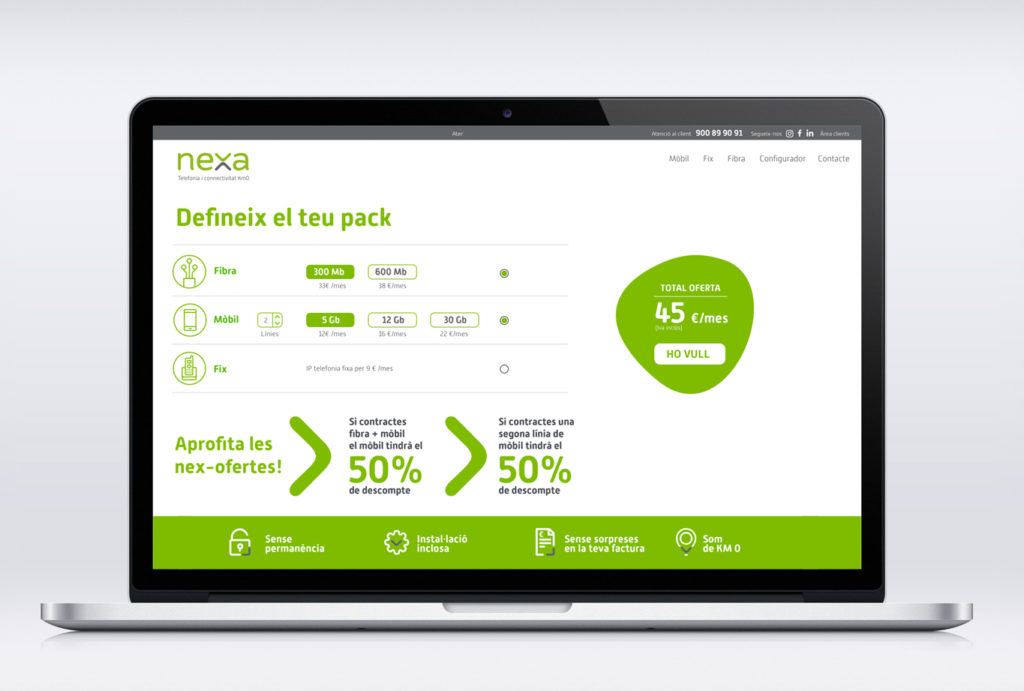 Diseño web con la comunicación de la marca de telecomunicaciones y telefonía Nexa